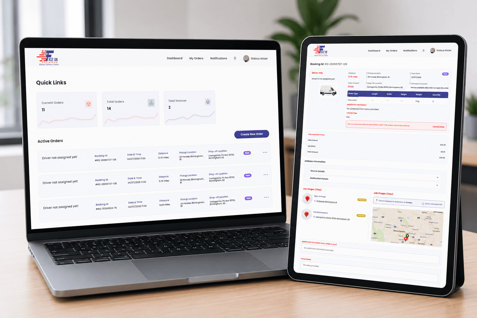 Fast UK Couriers driver dashboard on a laptop and tablet