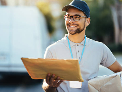 Smiling courier holding a parcel beside a delivery van